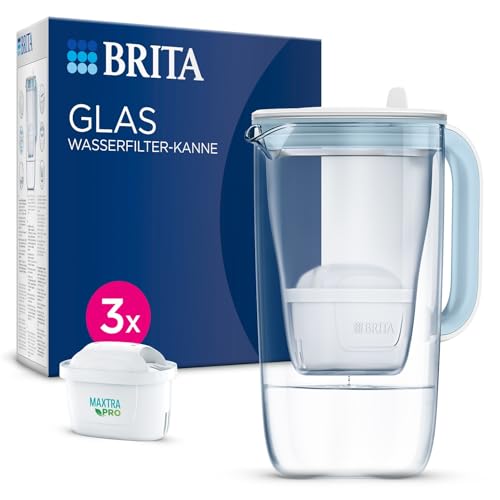 BRITA Glas Wasserfilter-Kanne hellblau (2,5l) inkl. 3x MAXTRA PRO All-in-1 Kartusche – Premium Design Kanne aus Glas, robust & leicht / reduziert Kalk, Chlor, Metalle wie Blei & Kupfer