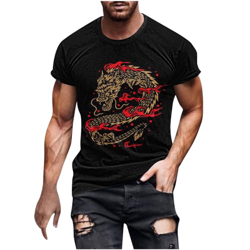 Herren Jahr des Drachens Kurzärmlige T-Shirts Männer Drachen Druck Kurze Ärmel Freizeithemd Male Rundhalsausschnitt Kurze Hülsen Tshirt Sommer Klassisches Hemd Fitness Bodybuilding Kurzarm Sportshirt