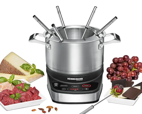 ROMMELSBACHER Elektro Fondue Set F 1200 - Fonduetopf aus Edelstahl (2,5 Liter), 6 Fonduegabeln, 3 Programme, extra langes Kabel, hohe Temperaturgenauigkeit, 1200 Watt