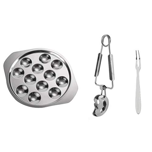 Yardwe 3 Stücke Meeresfrüchte Werkzeug Set mit Zange und 12 Löcher Schneckenpfanne Schneckenschale Schnecken Pfanne Escargot Teller Edelstahl Speisenteller für Hotel Restaurant