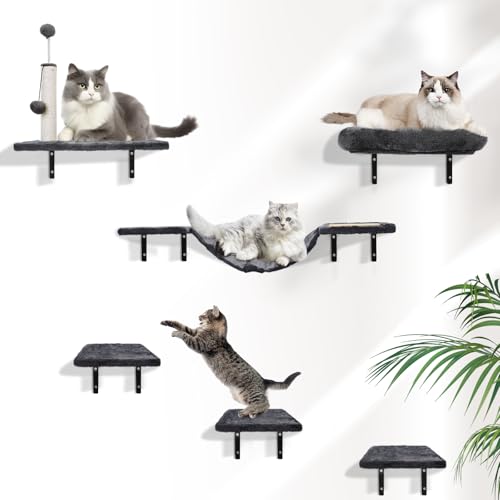 GOQELK Kletterwand Katzen Set-Katzenbaum,6-Teiliges Wandregale, Wandpark mit Katzensalon, Katzenbrücke, Katzenbaum, Katzentreppe und Kratzbrett bis zu 13 kg Frühlingsbälle für Katzen