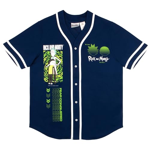 RICK AND MORTY Herren-Baseballtrikot, sportlich, lässig, Button-Down-Kurzarm-Shirt für Damen und Herren, Marineblau, Mittel