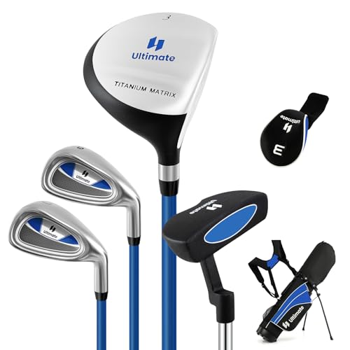 GYMAX komplettes Golf-Set für Kinder Jugend, Golfschläger-Set mit Tasche, Golfschlägersätze inkl. 3# Fairway-Holz, 7#Zink-Eisen, 9# Zink-Eisen, Putter (61 cm x 49 cm x 72 cm,Blau)