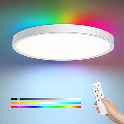 EDISHINE LED Deckenleuchte Dimmbar, Flach Deckenlampe Wohnzimmer, 24W+4W RGB Farbwechsel, mit Fernbedienung, 2160LM, Warmweiß/Neutralweiß/Kaltweiß, Speicherfunktion, Schlafzimmer Kinderzimmer, Weiß