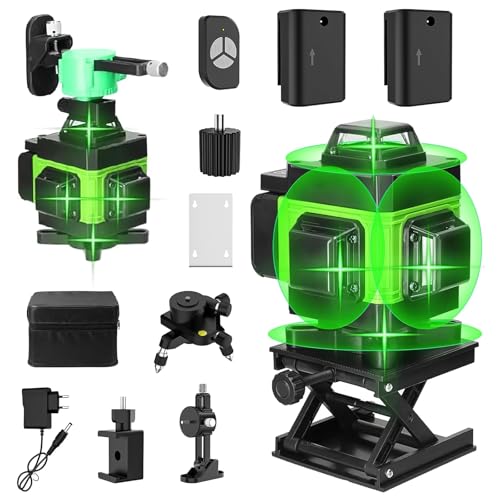 Kreuzlinienlaser Grün 4 x 360°, 4D 16 Linien laser wasserwaage, selbstnivellierender, horizontaler und vertikaler Laser, IP54 Staubdicht mit 2 ×2600 mAh Batterien für Heimdekoration und Baustellen
