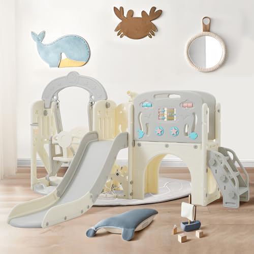Kinderspielplatz-Set, Schaukel- und Rutschen-Set für Kinder, freistehendes Rutschenset mit Meerestier-Motiv, inklusive Rutsche, Schaukel, Bogentunnel, Basketballkorb und Teleskop ((Grey 10-in-1))