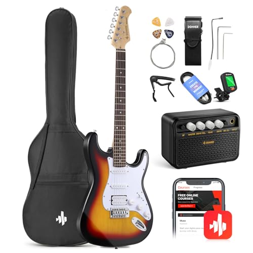 Donner E-Gitarre Set 39 Zoll E Gitarren mit Verstärker, Tasche, Capo, Gurt, Saiten, Tuner, Kabel und Plektren (Sunburst)