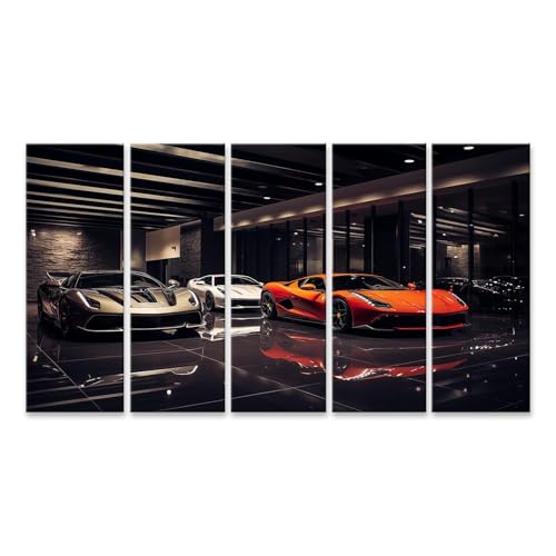 islandburner Prime Bild auf Leinwand Drei Sportwagen in moderner Autogalerie auf Hochglanzboden Bilder Wandbilder Poster