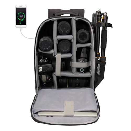 CADeN Kamerarucksack Camera Backpack Wasserabweisend Kameratasche Fototasche Kompatibel mit Sony Canon Nikon und 1 DSLR/SLR 7 Objektiv Stativ Zubehör (Schwarz-L)