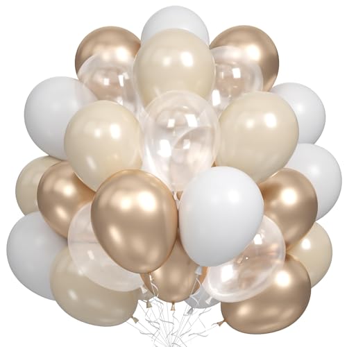 Luftballons Beige Weiß, 60 Stück Creme Weißsand Klar Helium Ballon mit Metallic Champagner Gold Party Ballons Nude Ballons für Boho Hochzeit, Geburtstag Party Dekoration, Babyparty, Baby Shower