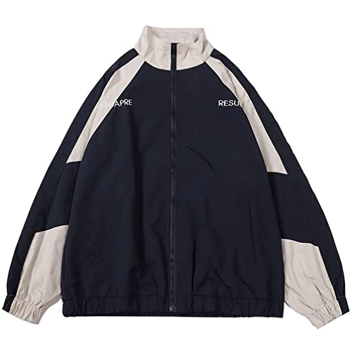 Minetom Damen Patchwork Farbblock Oversize Hip Hop Jacke Teenager Mädchen Mantel Sport Übergangsjacke Windbreaker College Jacke Sweatjacke A Blau M