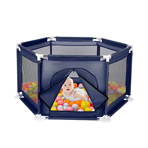 Queiting Baby Laufstall Laufgitter Tragbar Absperrgitter Sechseckiger Gitterzaun Bällebad Waschbar Laufgitterzelt Reisverschluss für Kinder 128cm x 110cm x 65cm (Navy Blau)