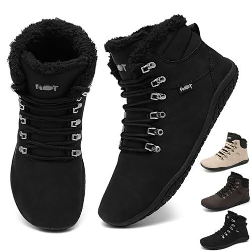 Geweo Barfußschuhe Winter Sneaker Stiefel Breite Walking Schuhe Barfuss Damen Herren Trail Minimalistische Warm Gefüttert Leder Zero Drop Solhe Fitness Weit rutschfest Wasserabweisend