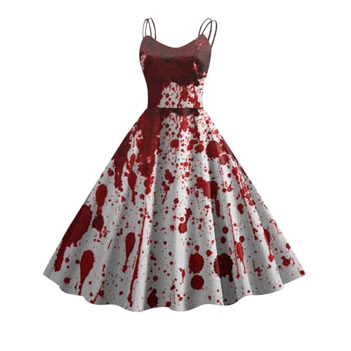 Halloween Kostüm mit Blutigem Aufdruck Damen Retro Mittelalter Kleidung Damen Temperament Ärmelloser Rockabilly Cocktailkleid Schnüren Gebundene Taille Tunikakleider Festlich Gastkleider