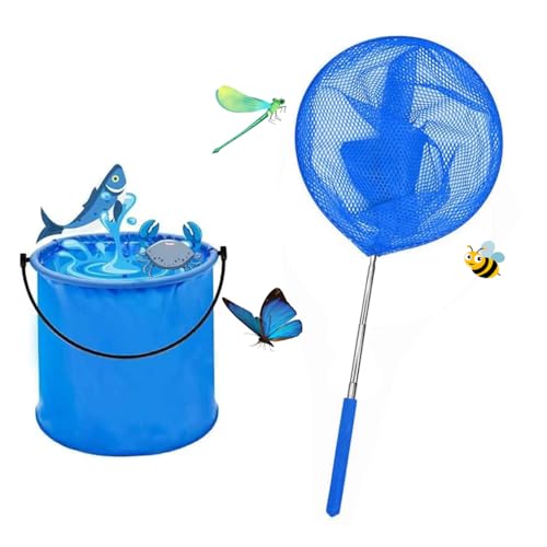 Teleskop-Schmetterlingsnetze, ausziehbare Fischernetze mit faltbaren Wassereimern zum Fangen von Krabben, Käfern, Insekten, Vogelspielen, Strand, Teichen, Pool, Outdoor, Teleskop-Fangnetz