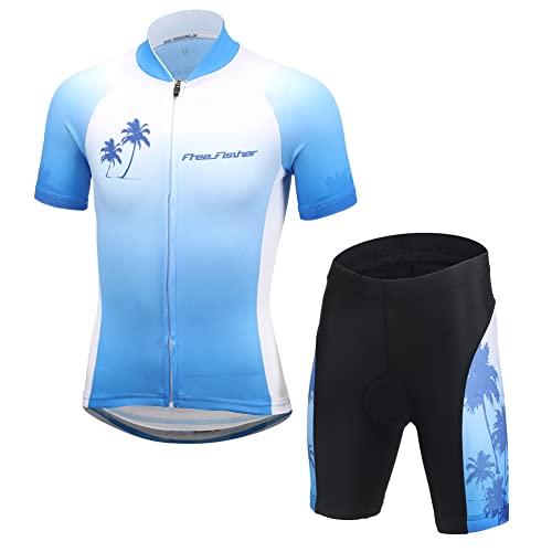 Amur Leopard Kinder Jungen Radtrikot Set Mädchen Fahrrad Trikot Kurzarm & Radhose mit Sitzpolster Radsport Anzüge, Blau B, 134-140(Herstellergröße: XL)