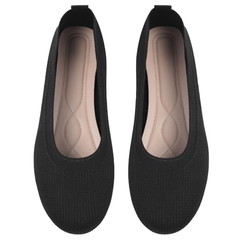 OFFCUP Damen Ballerinas Knit Kleid Schuhe Runde Zehe Flats Schuhe Slip On Maschenware Schuhe Bequem Weich Ballerina Schwarz - 38