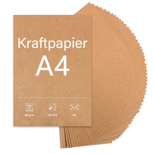 50 Blatt Kraftpapier A4-300g Papier Nachhaltiges Naturpapier, Dickes Papier a4 zum Drucken, Kraftpapier zum Basteln Hochzeit Einladungen, Drucken und Schreiben