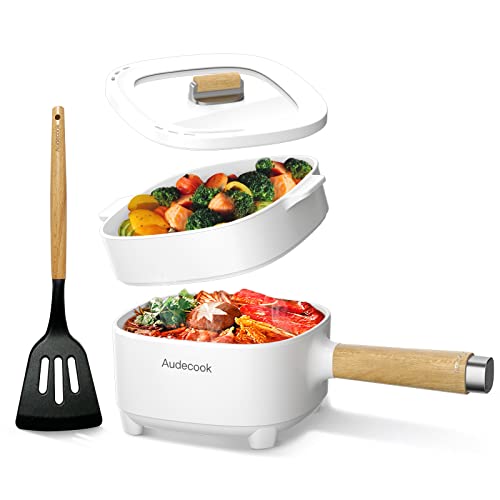 Audecook Elektrischer Hot Pot mit Dampfgarer, 2L/20cm Antihaft Elektropfanne mit Keramikglasur, Tragbarer Multikocher für Ramen, Steak, Ei, Haferflocken, Suppe, 350W/800W (E(WEISS,MIT DAMPFGARER))