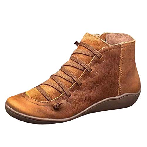 WILLBEST Stiefel Retro Flache Schnürstiefel Seitlicher runder Reißverschluss Damenschuh Zehenleder Lässige Damenstiefel 35 Jungen (Brown #4, 39)