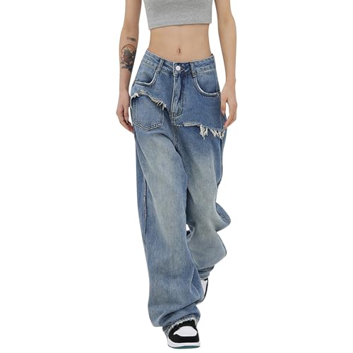 Baggy Jeans Damen Jeans Hose mit Hoher Taille Y2K Style Streetwear Hose Casual Baggy Vintage Denim Hose Freizeit Loose Trendy Cargo Jeans Schlupfjeans Jeans Freizeithose Straight Vintage Denim Hose