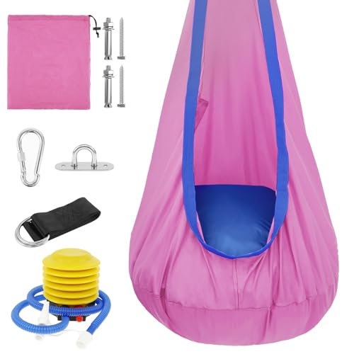 Hängehöhle,Kinder Pod Schaukelsitz,Tragbarer Hängesessel Schaukel mit aufblasbarem Kissen,Hängesessel,Sensorischer Schaukelstuhl mit Tasche,max 80 kg für den Innen- und Außenbereich für Kinder(Rosa)