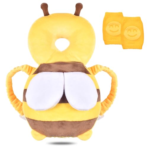 Baby Kopfschutz,Atmungsaktive Baby Head Schutzpolster,mit Knieschonern,Baby Kopfschutz Kissen und Baby Knieschützer,Ideal für Kinder, die krabbeln und laufen lernen, bienenförmig (Yellow)