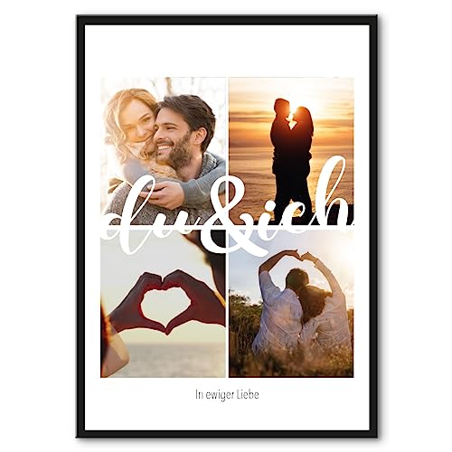 GRAVURZEILE Holzschild mit Foto - Du & Ich - Personalisiert mit bis zu 4 eigene Fotos - Personalisierte Foto Collage als Geschenk zum selbst gestalten für Sie & Ihn - DIN A4 Format