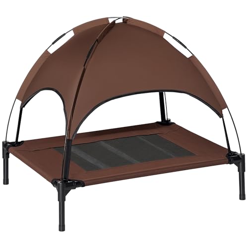 PawHut Erhöhtes Hundebett mit Baldachin, Haustierbett, Hundeliege Outdoor mit Dach, Atmungsaktiv, Taftstoff für Camping Kaffee 76 x 61 x 73 cm