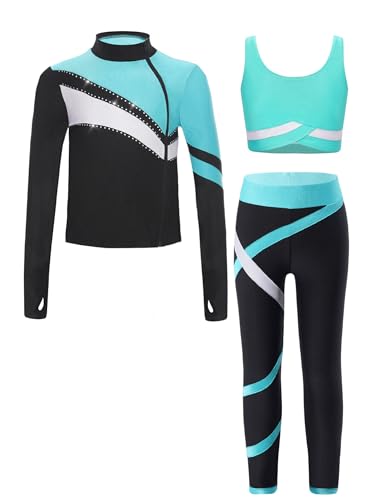 iEFiEL 3tlg. Mädchen Sportanzug Trainingsanzug Kinder Langarm Tops, Weste und Leggings Atmungsaktiv Yoga Anzug Kinder Jogginganzug Fitnessbekleidung Blau Grün 134-140