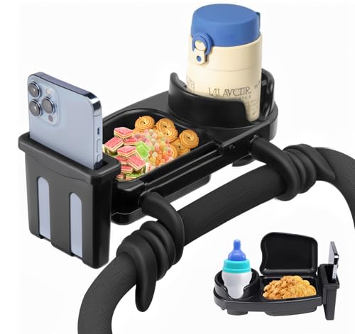 absolove 3-in-1 Snack Tablett für Kinderwagen, Getränkehalter Kinderwagen mit Silikon Flexible Arme Griff, Universal Kinderwagen Zubehör mit 2 Kinderwagen Haken