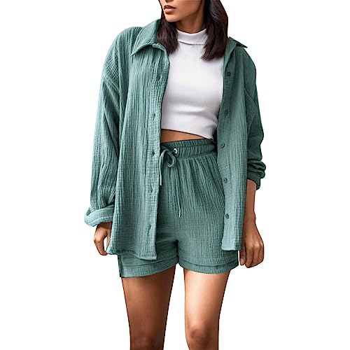 Zweiteiler Damen Musselin Bluse Set Sommer Outfits Elegant Bluse Hemd und Shorts Clothes 2 Teiler Set Aesthetic Zweiteiler Loungewear Set Y2k Top + Shorts Clothes Strand Outfit Loungewear Damen Set