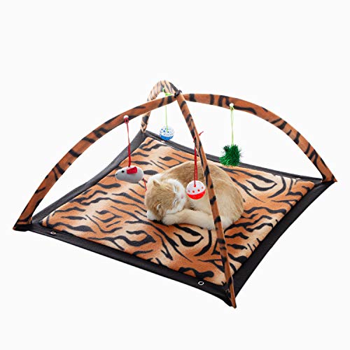 Tofern Katzenspielmatte mit Katzenspielzeug Katzen Spielmatte Interaktives Spielzeug für Katzen Faltbar Katzen Hängematte Katzenbett Waschbar Bett Sofa für Kleine Tiere, Braun(61x61x34cm)