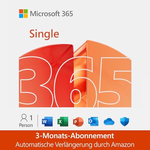 Microsoft 365 Single | 3 Monate mit automatischer Verlängerung | 1 Person | Office Apps mit KI | 1TB Cloudspeicher | Amazon Abonnement | 12-Monat Abonnement
