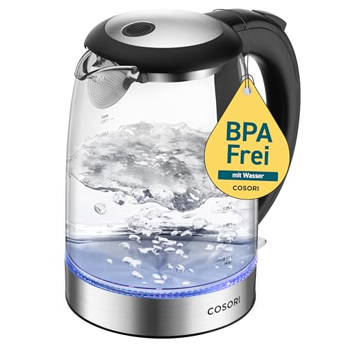 COSORI Glas Wasserkocher 1,7 L, kocht in 2 Minuten, wasserberührende Teile plastikfrei, 304er Edelstahlfilter, 2200 W, Überhitzungsschutz, 360° drehbarer Sockel, Schwarz