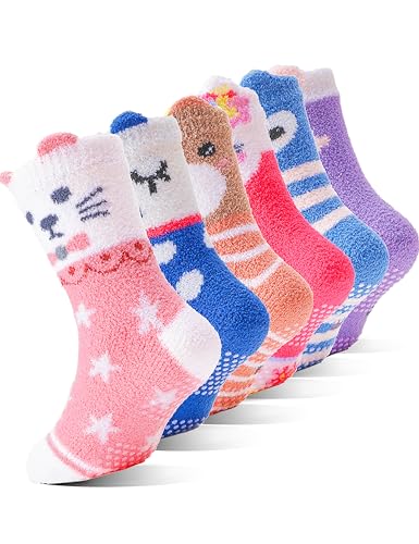 EBMORE Stoppersocken Kinder Kuschelsocken Mädchen Dicke Socken Warme Anti Rutsch Wintersocken Flauschige Bettsocken Geschenke Haussocken 6 Paare(Tier,22-26)