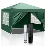 LEADZM Pavillon 3x3m Pop-up Faltpavillon,Wasserdichter,Höhenverstellbar,UV Schutz 50+,Gartenzelt,Partyzelt,Camping,Stahlrahmen,mit 4 Seitenteilen(Grün-4 Seitentuch)