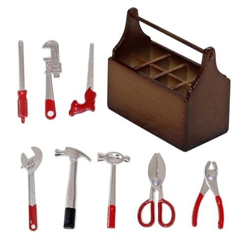 Miniatur Werkzeugkasten, Wichtel Werkzeug 8 Stück Werkzeugkiste Holz mit Werkzeug Set Miniatur Holz Toolbox Miniatur Deko