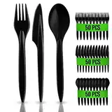 RAGO® Wiederverwendbaren Plastikbesteck Set 150 Stück BPA Frei I 50 Plastikgabeln I 50 Plastikmesser I 50 Plastiklöffel I Robust I Mehrweg I Perfekt für Outdoor Dinner und Partys I Schwarz