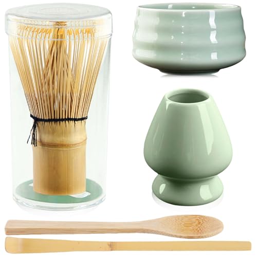 5 Stück Matcha Tee set, Matcha set mit Matcha Besen, Matcha Schale aus Keramik, Bambusbesen Matcha Besen, Besenhalter aus Keramik, Handwerklich angefertigte Matcha Bowl, Matcha zubehör Geschenkset