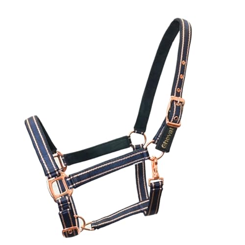 Halfter für Pferde mit Glitzer in Rosegold, Halfter Pferd in schwarz und pink, 2-Fach verstellbar (Dunkelblau Rosegold, Warmblut (Full))