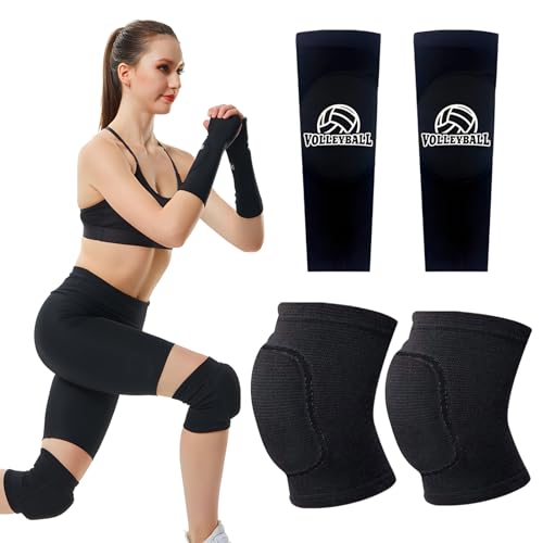 Volleyball-Schutz, 1-Paar Volleyball Armstulpen +1-Paar Volleyball Knieschoner, Sport Unterarm Ärmel -Handgelenkstützemit Schutzpolster und Daumenloch, Schwamm Kollision Knieschutz Knie Schoner