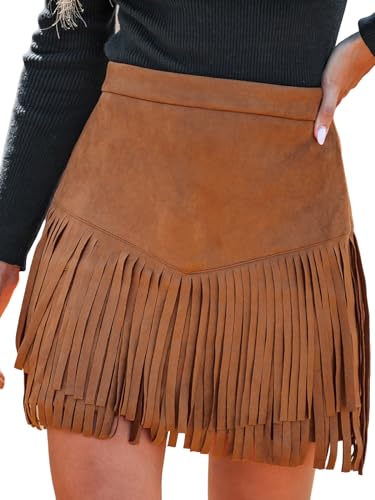 CUPSHE Damen Rock Herbst Winter Fransen Wildleder Rock, High Waist Western Outfit Minirock Mini Skirt, Braun, XL