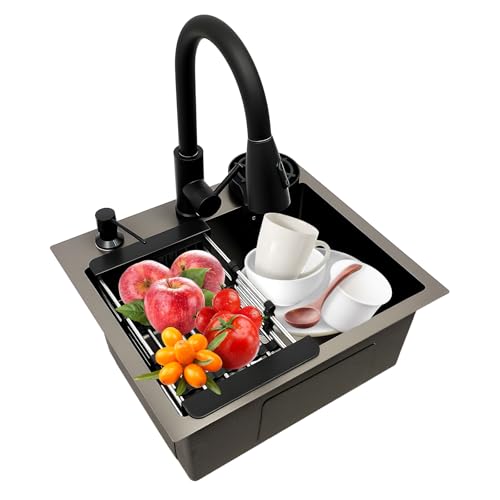 MINRS Spülbecken Küchenspüle Schwarz 40x45cm Waschbecken Küche Edelstahl Spüle Küche inkl Ausziehbare Wasserhahn, Tassenspüler, Abtropfkorb und Seifenspender