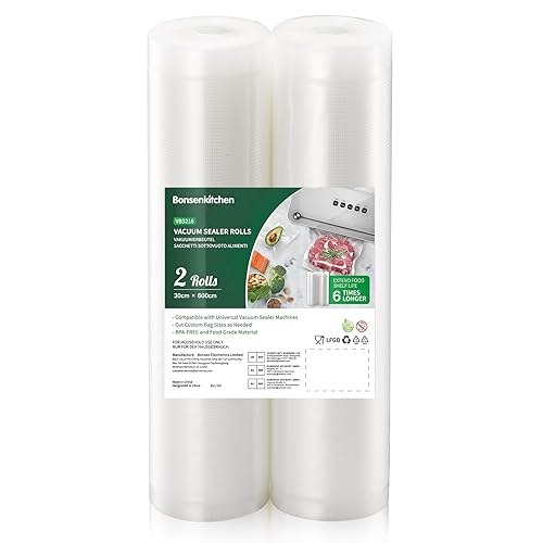 Bonsenkitchen Vakuumierbeutel 2 Rollen 30x600 cm- Profi Vakuumrollen für Vakuumierer, Lebensmittel Vakuumbeutel für Vakuumiergerät, Kochfest & Sous Vide Gefrierbeutel, BPA-frei, VB3216