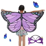 BETESSIN Schmetterling Umhang Kostüm Mädchen mit Maske Schmetterlingsflügel Kinder Faschingskostüm Schmetterling Kostüm Flügel Cape Poncho Halloween Karneval Party Cosplay Klein Lila