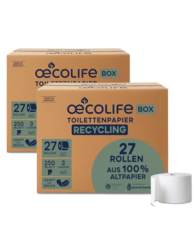 oecolife Toilettenpapier Box RECYCLING, 3-lagig, 54 Rollen x 250 Blatt, Großpackung, superweich, nachhaltiges Klopapier, wc papier ohne Plastikverpackung, wiederverwandbar