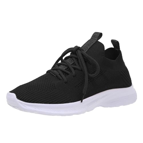 Turnschuhe Frauen mit Mesh-Obermaterial Damen-Sneaker leichtem Flyweave-Mesh, atmungsaktiv, bequem, einfarbig, zum Schnüren, Flacher Boden, große Größe Schuhe Damen Turnschuhe Sportschuhe (Black, 36)