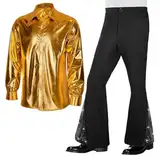 Besttoolifes Herren glänzendes Hemd und Pailletten-Glockenhose, 2-teiliges Anzug, Retro, Hippie, Disco-Set, Vintage-Karneval, Party-Outfit, langärmelig, Knopfleiste, ausgestellte Hose, goldfarben /