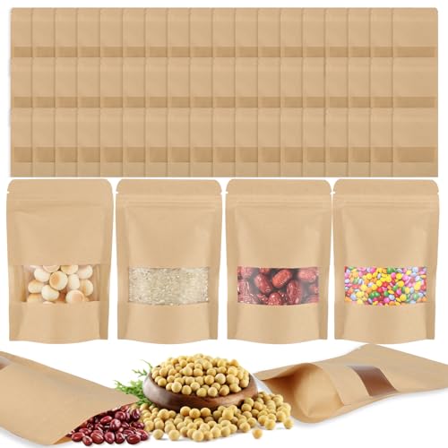 lahnao 60 Stück Kraftpapiertüten mit Sichtfenster, 9 x 14 x 3cm Standbodenbeutel, Wiederverwendbare Tee Tüten, Gewürztüten, Geeignet zum Verpacken von Süßigkeiten, Nüssen, Kaffeebohnen